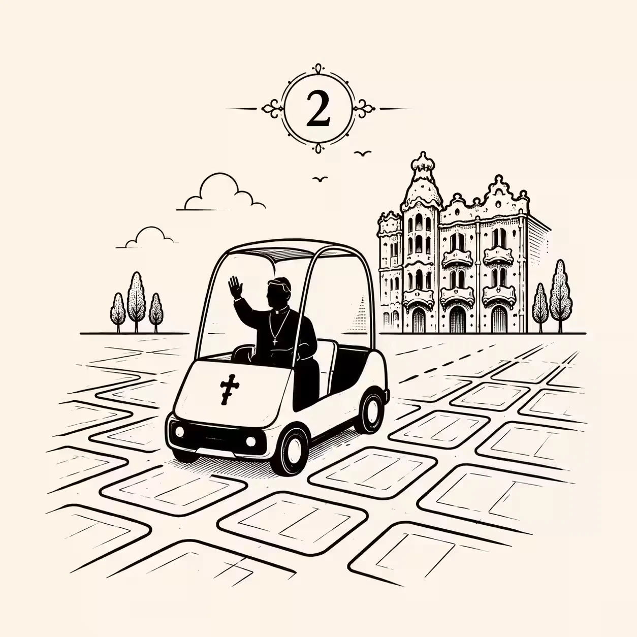 Icono del Papa saludando desde un vehículo ante un edificio modernista de Barcelona