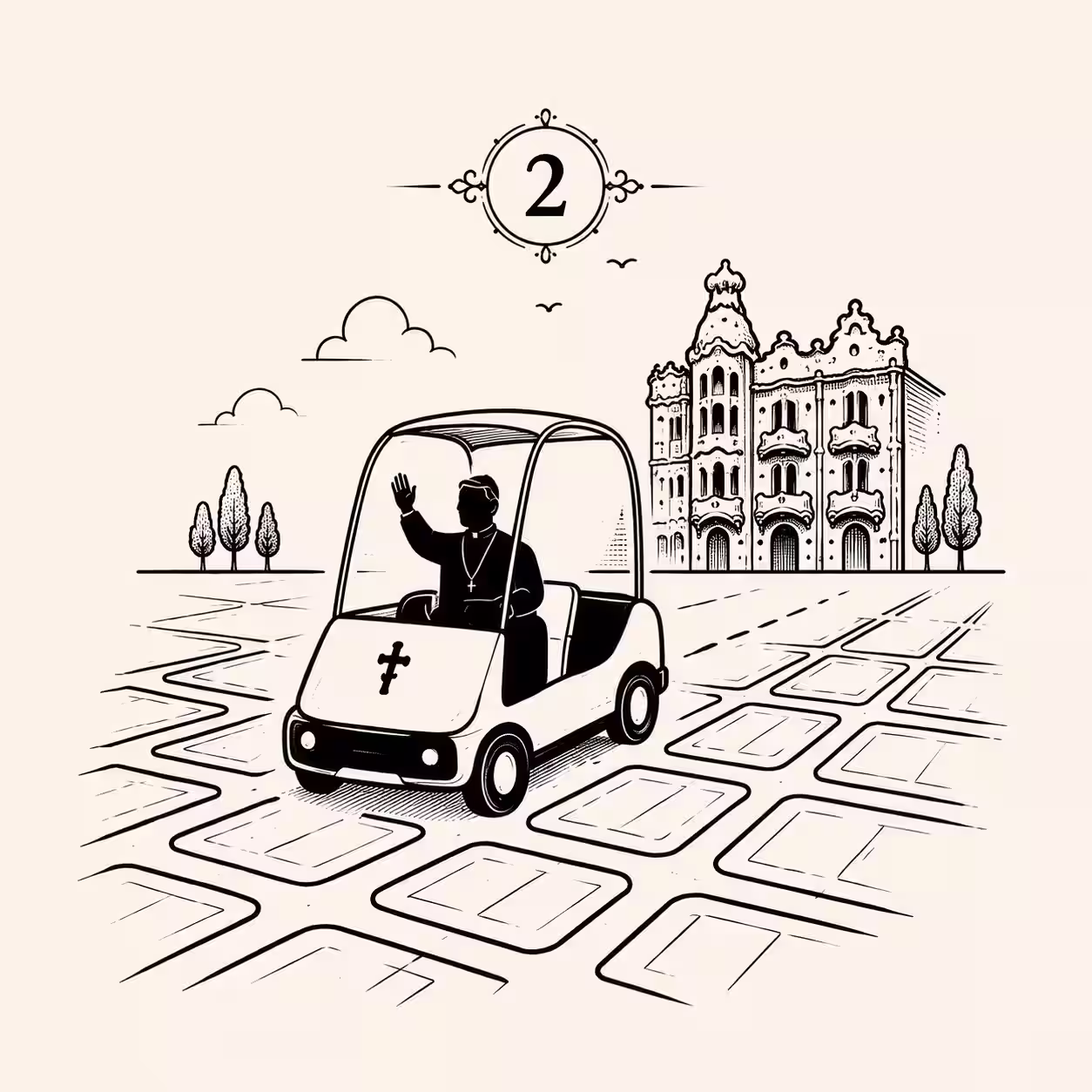 El Papa en Barcelona: movilidad, recorrido y ciudad modernista Icono del Papa saludando desde un vehículo ante un edificio modernista de Barcelona