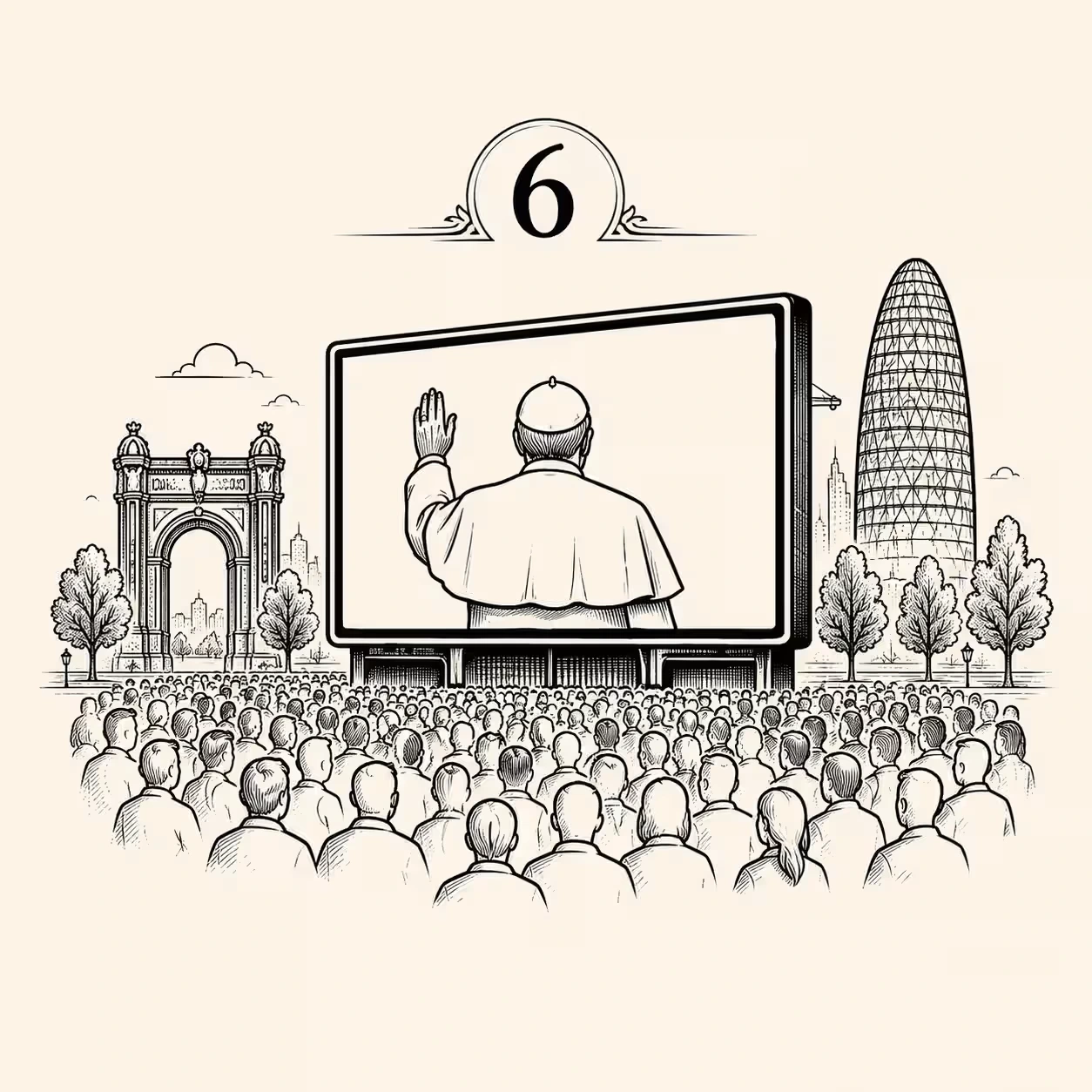 Icono de multitud viendo al Papa en una pantalla gigante en Barcelona