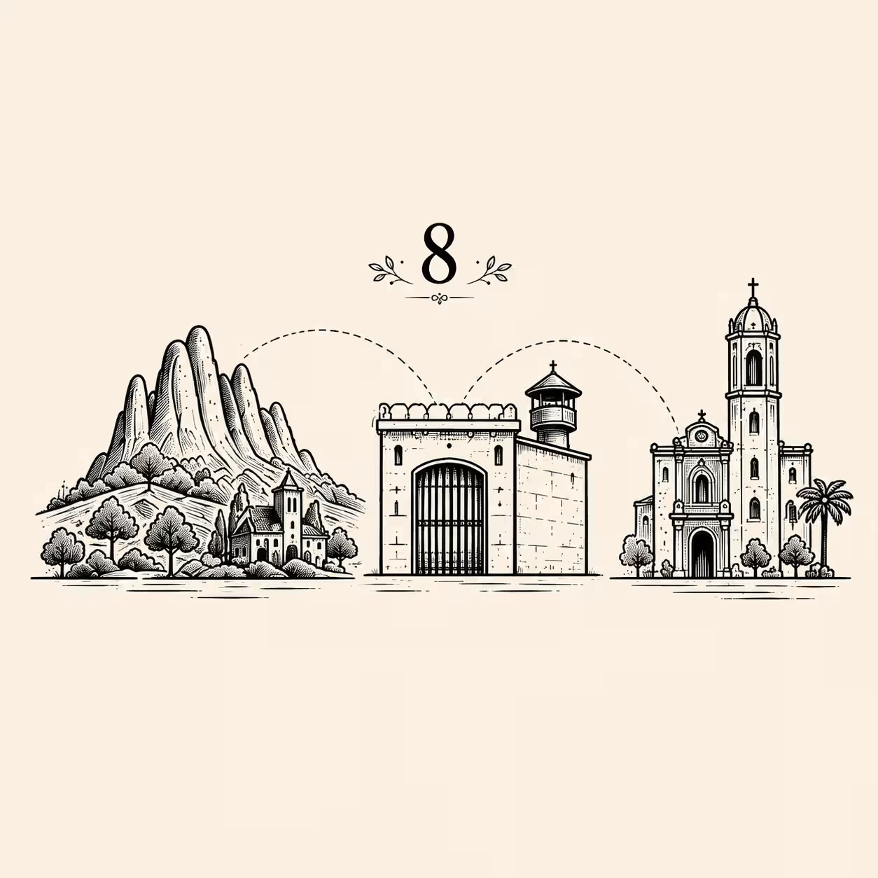 Icono de Montserrat edificios históricos e iglesia en una ruta simbólica por Cataluña