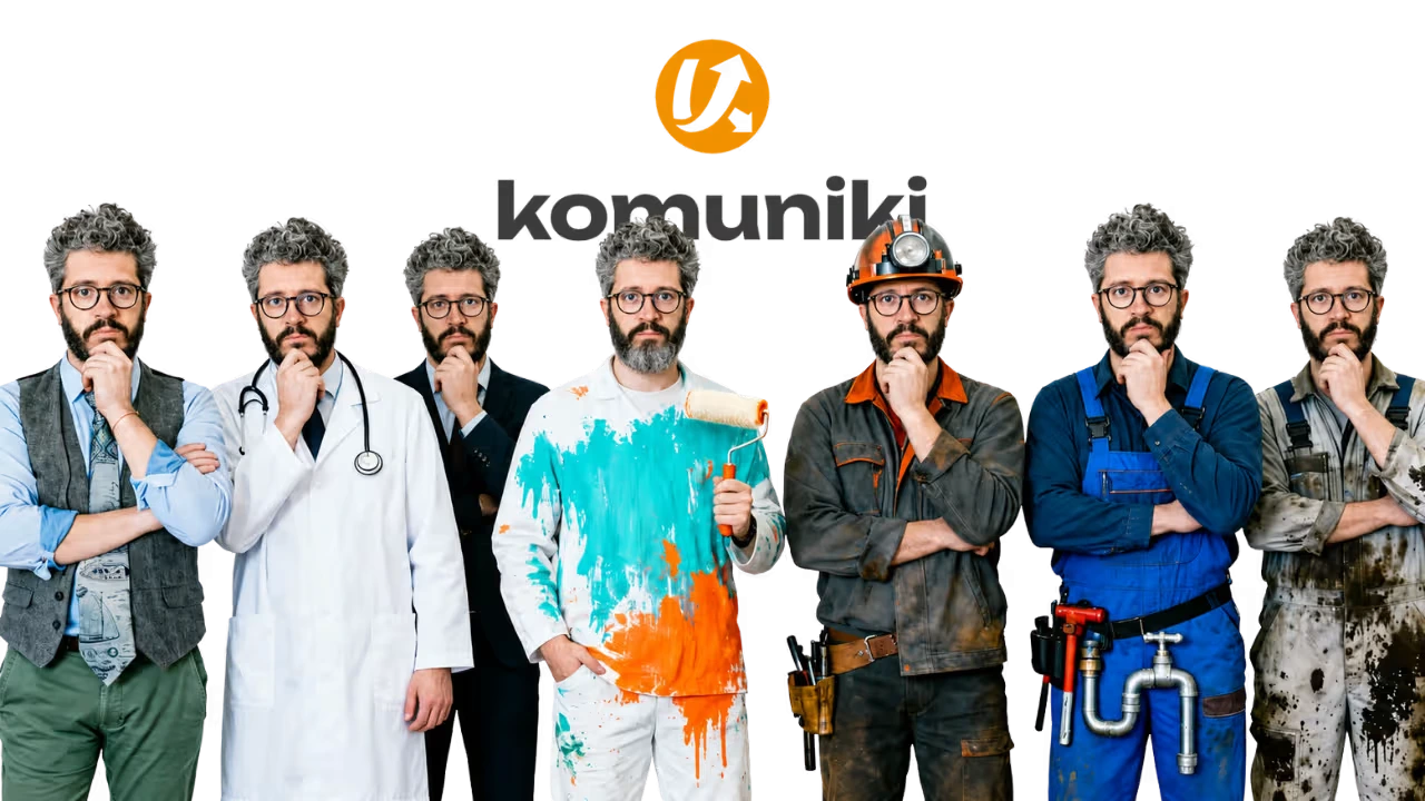 Komuniki y sus profesiones digitales Komuniki representado con distintas profesiones digitales para explicar el mantenimiento, la estrategia y la dirección de una web.