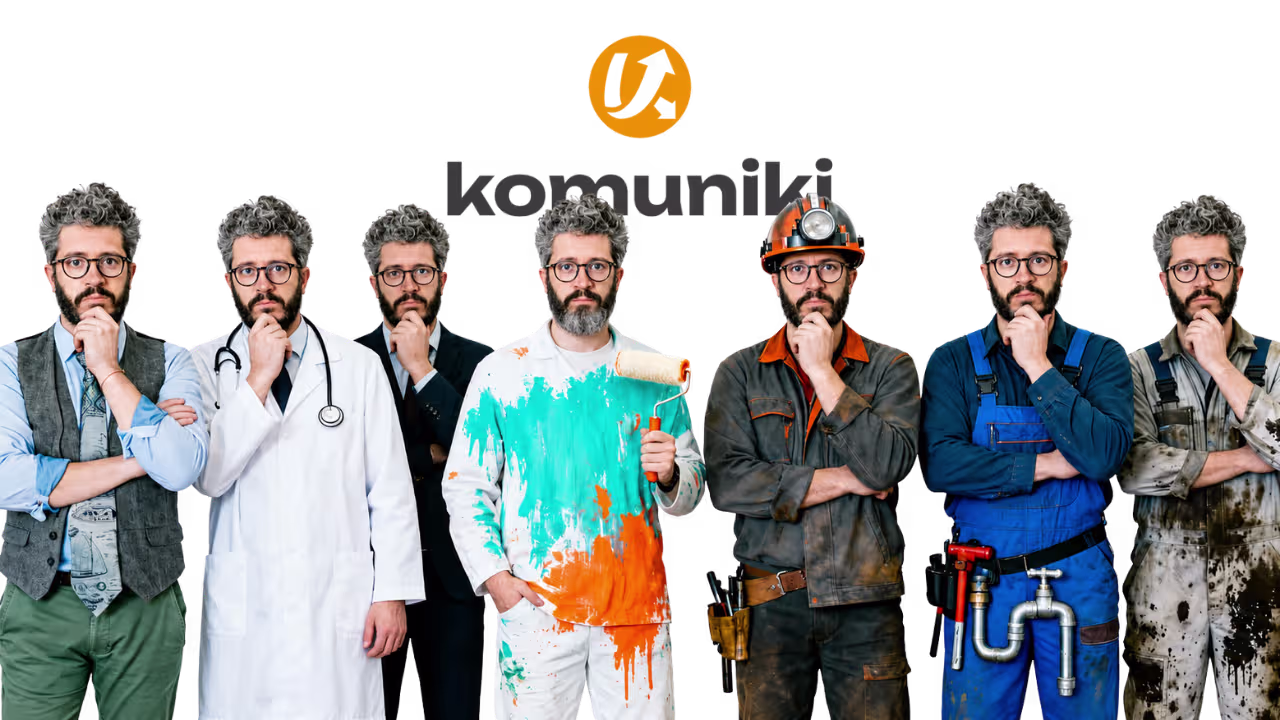 Komuniki y sus profesiones digitales Komuniki representado con distintas profesiones digitales para explicar el mantenimiento, la estrategia y la dirección de una web.