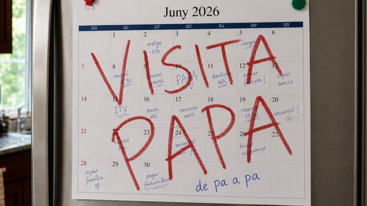 Calendario de junio de 2026 en una nevera con la nota visita Papa escrita a mano