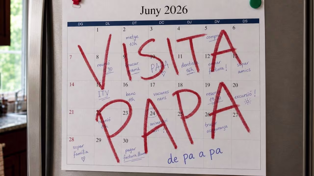 Calendario de junio de 2026 en una nevera con la nota visita Papa escrita a mano