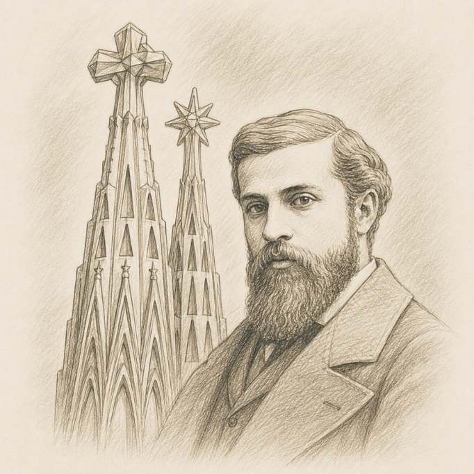 Antoni Gaudí junto a las torres de la Sagrada Familia en el centenario de 2026.