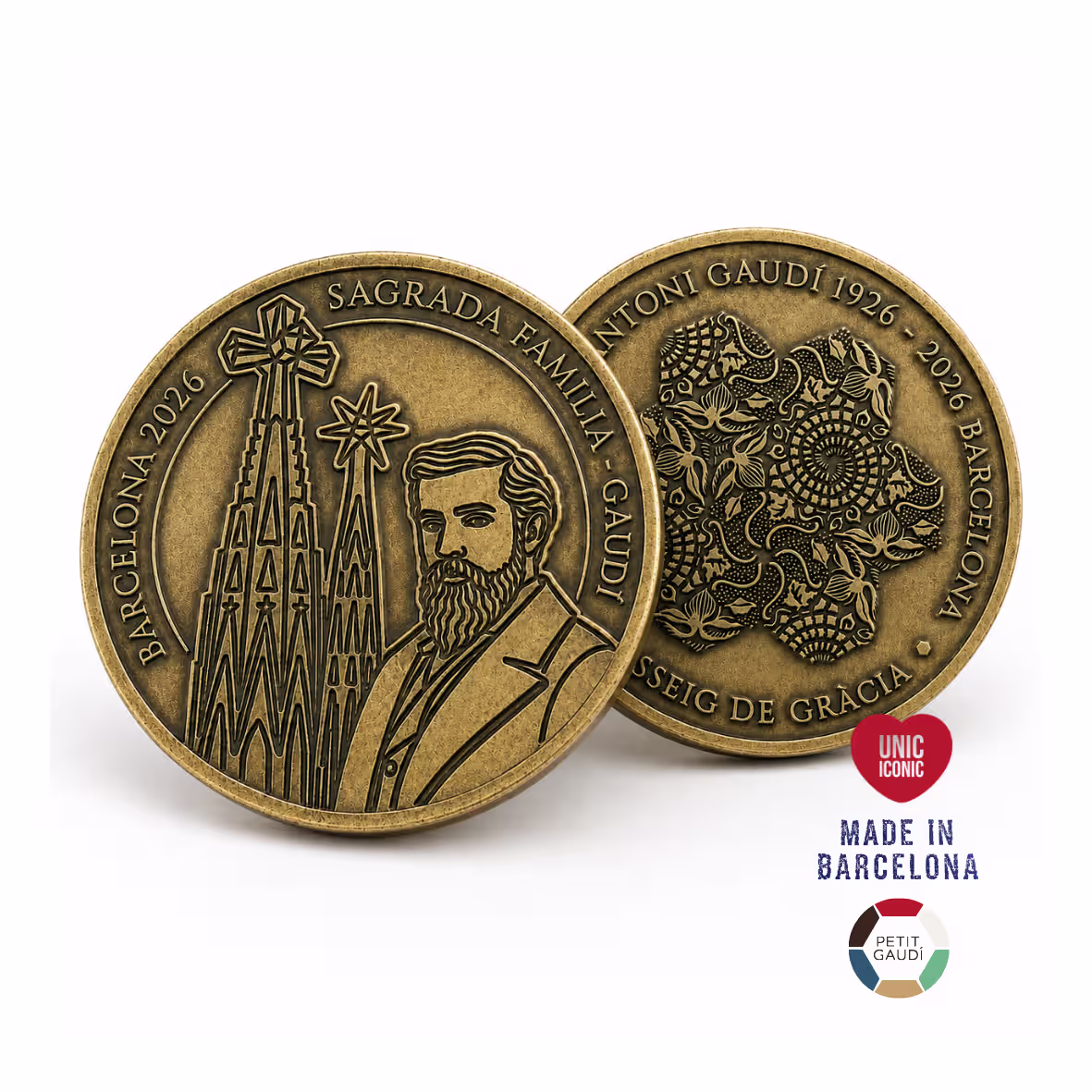 Medalla conmemorativa Gaudí 2026 fabricada en Barcelona con sello Petit Gaudí.