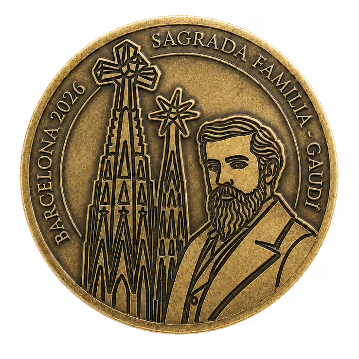Medalla Gaudí 2026 con Sagrada Família y retrato de Antoni Gaudí en latón viejo