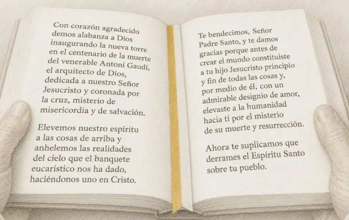 Libro abierto con la transcripción de la oración del Papa León XIV durante la bendición de la Torre de Jesucristo de la Sagrada Familia.
