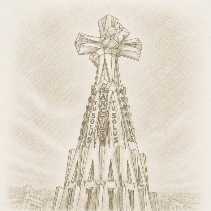 Torre de Jesucristo de la Sagrada Familia coronada por la cruz en 2026.
