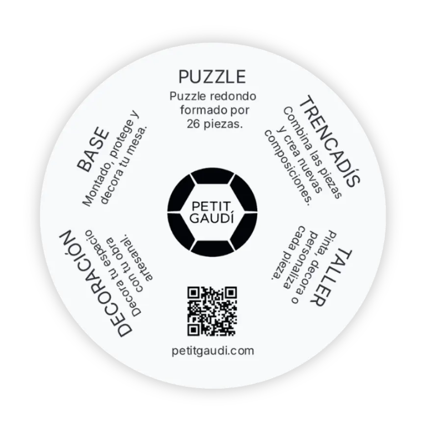 Disco informativo con las cinco utilidades del Puzzle Trencadís Petit Gaudí: puzzle, trencadís, taller, decoración y base.