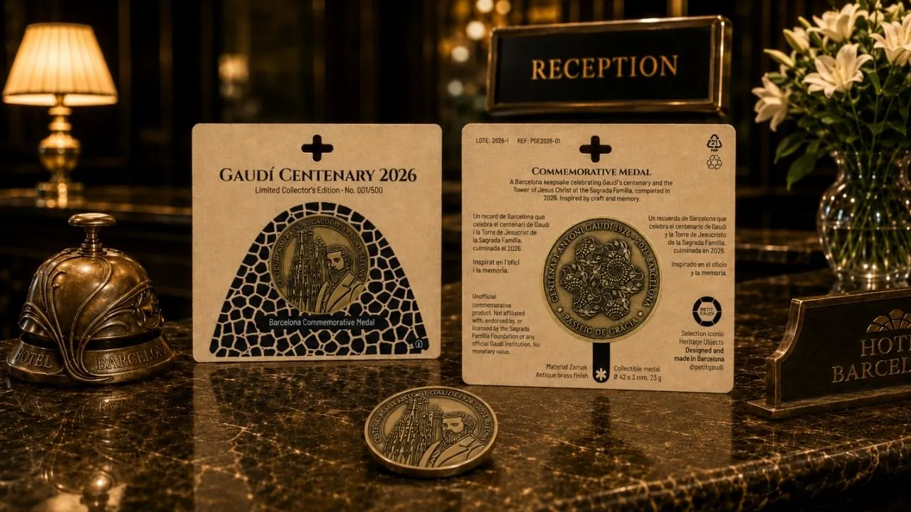 Medalla conmemorativa Gaudí Centenary 2026 en blister de edición limitada sobre mostrador de hotel en Barcelona.