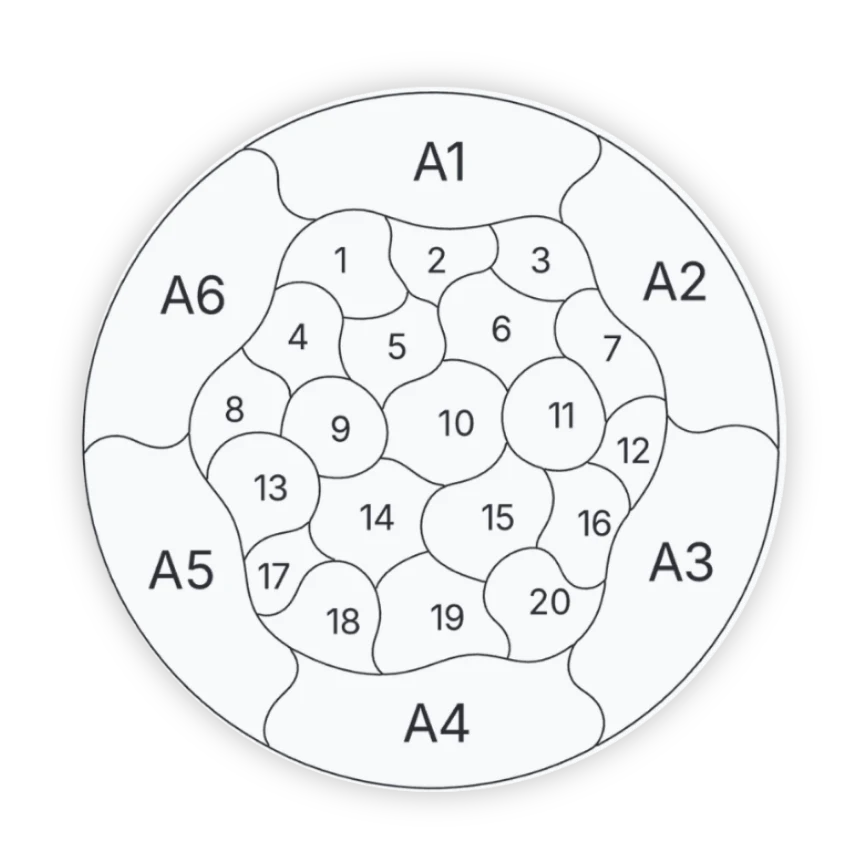 Plantilla circular numerada para montar las 26 piezas del Puzzle Trencadís Petit Gaudí.
