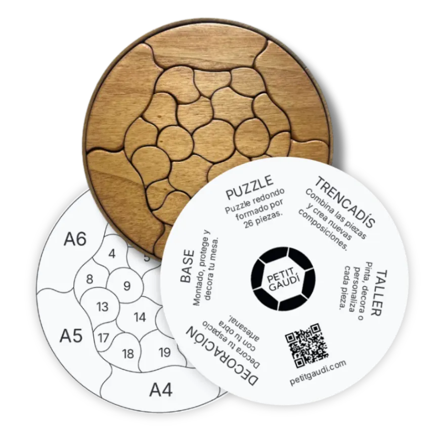 Puzzle Trencadís 5 en 1 con plantilla y guía de usos Plantilla circular numerada para montar las 26 piezas del Puzzle Trencadís Petit Gaudí.