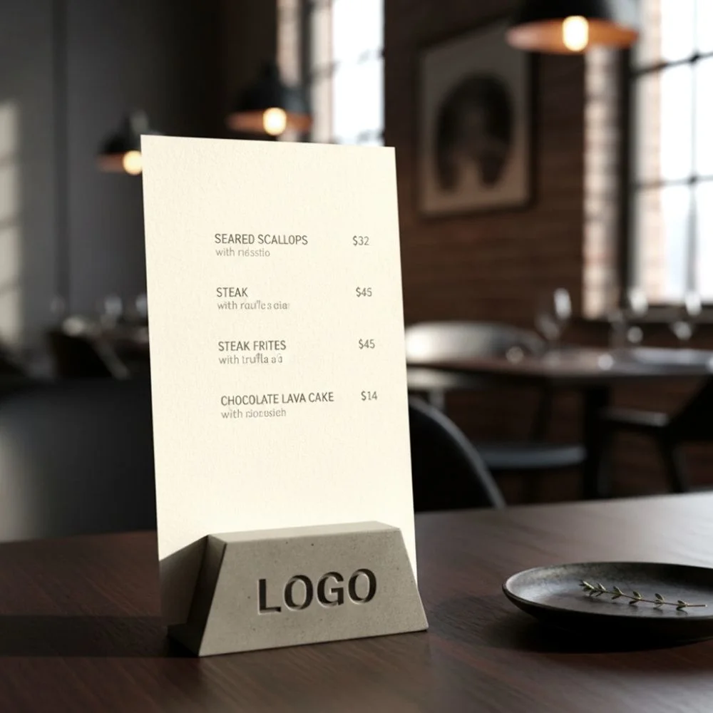 Portamenús de cemento personalizado para hostelería Portamenús artesanal de cemento personalizado con logotipo para restaurante