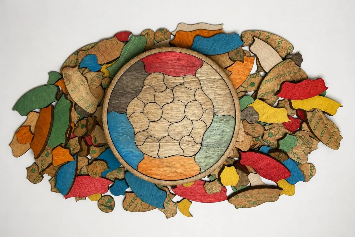 Puzzle Trencadís multicolor de madera rodeado de piezas intercambiables de diferentes colores.