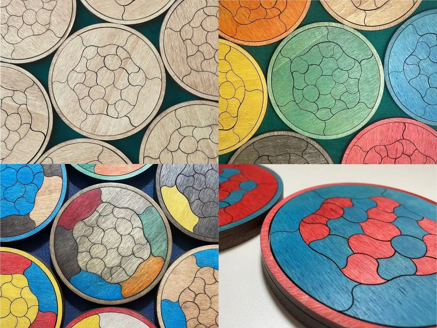 Composición de varios Puzzle Trencadís con distintas combinaciones de colores y piezas.