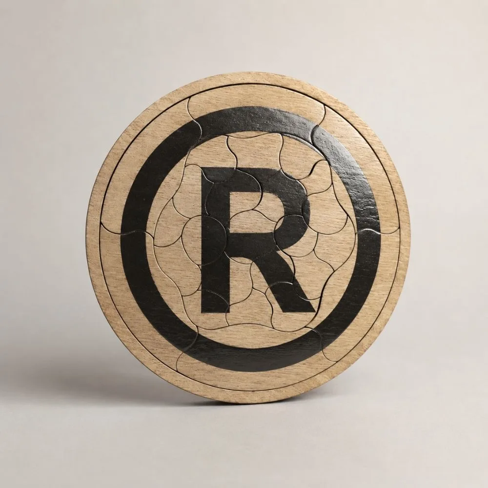 Puzzle Trencadís de madera personalizado con símbolo ® impreso en acabado brillo Puzzle Trencadís personalizado para empresas