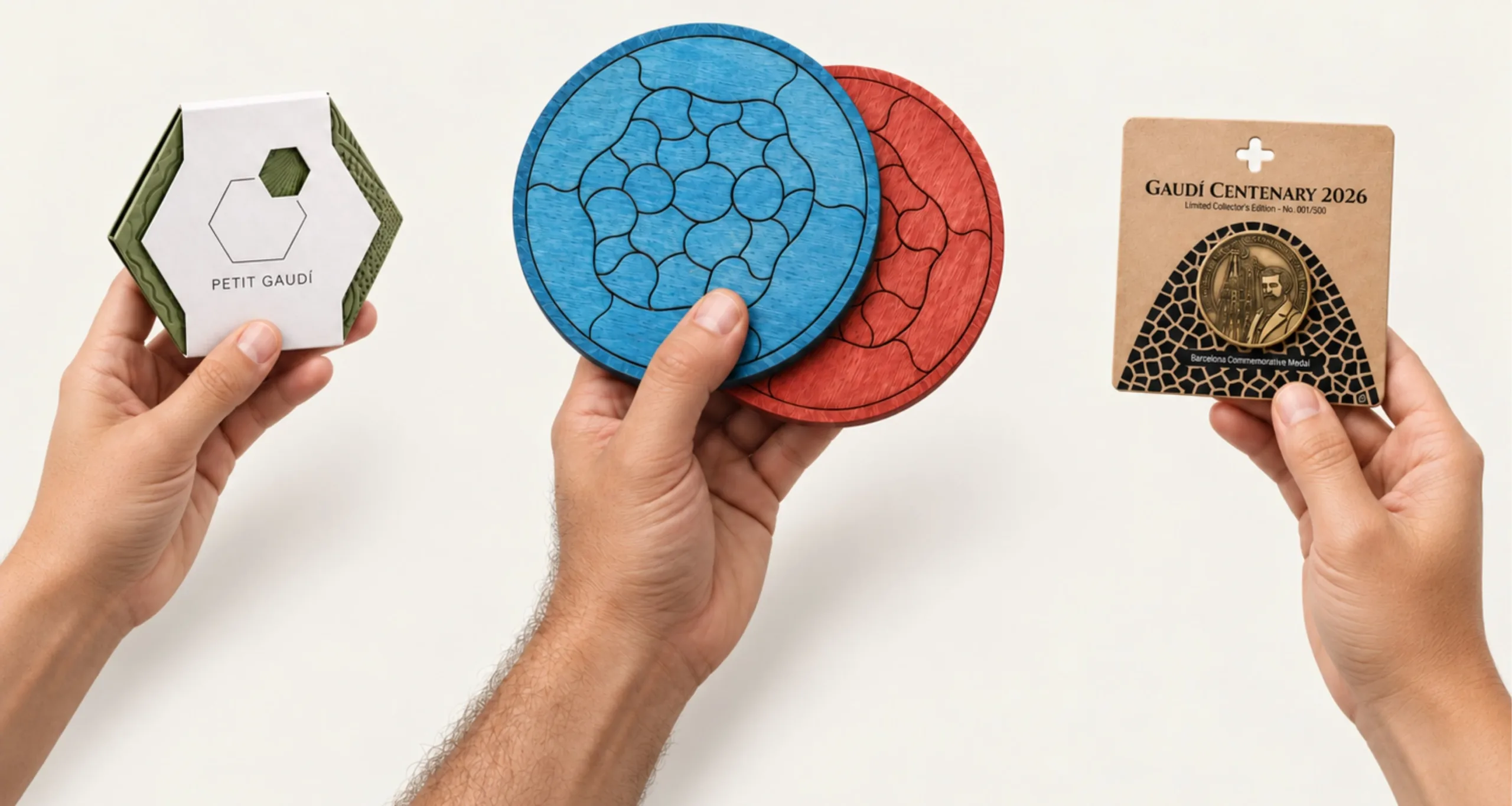 Selección de regalos de Gaudí en Barcelona con Puzzle Trencadís, mosaico Petit Gaudí y Medalla Gaudí Centenario 2026