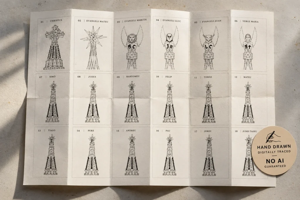 Colección gráfica digital de las 18 torres de la Sagrada Família dibujadas por Petit Gaudí