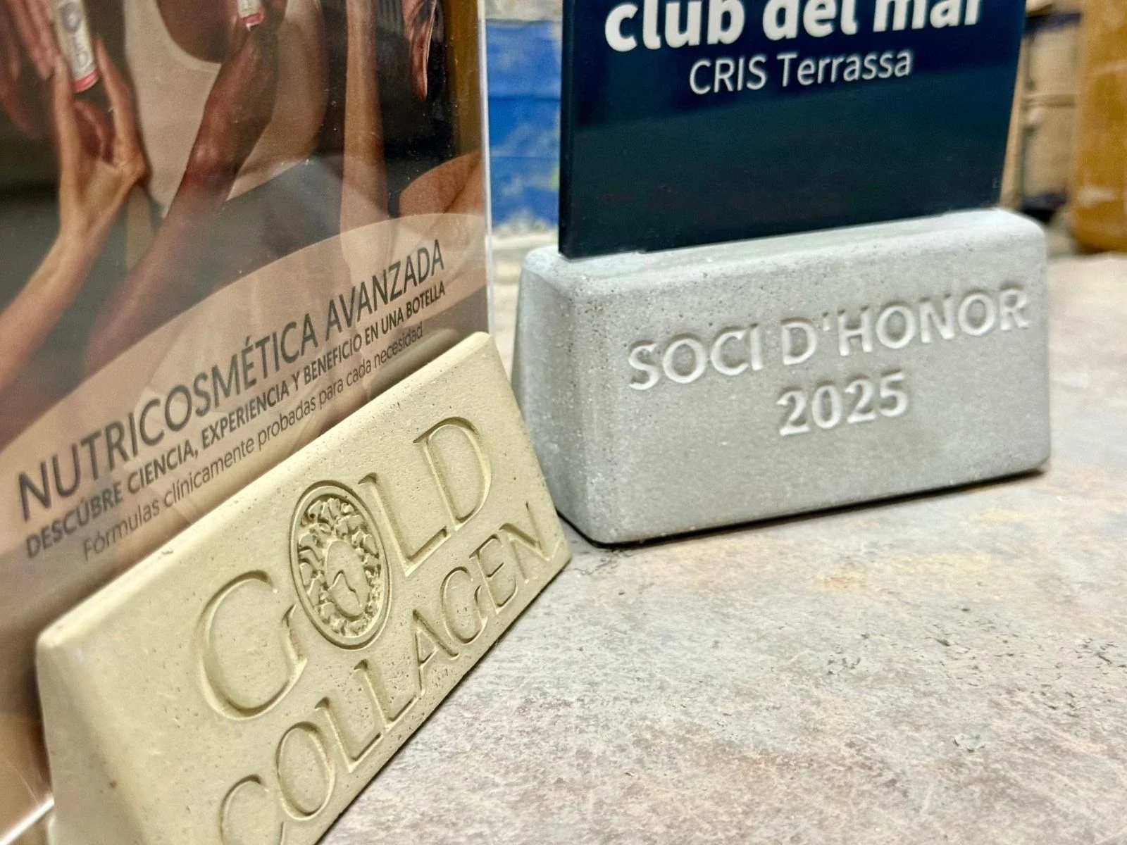 Reconocimientos personalizados de cemento de ECDL Pro Piezas de cemento personalizadas con inscripciones, entre ellas un reconocimiento de socio de honor.